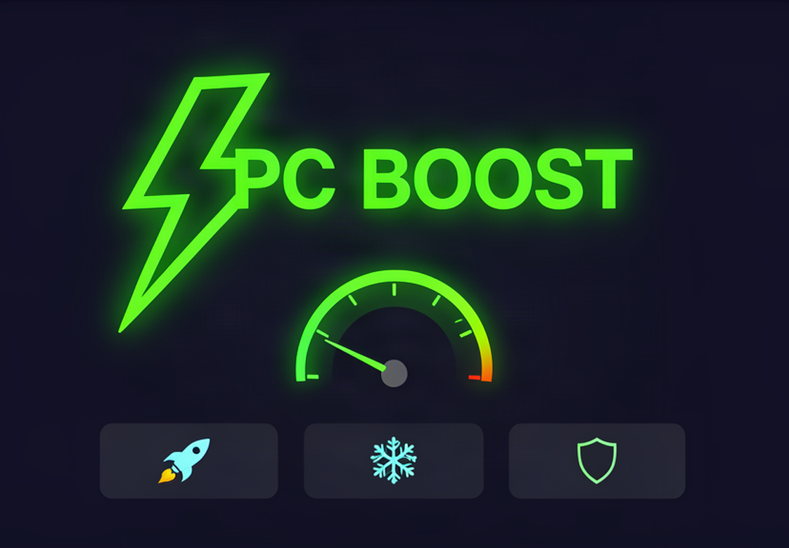 PCBoost product illustration with a neon performance gauge